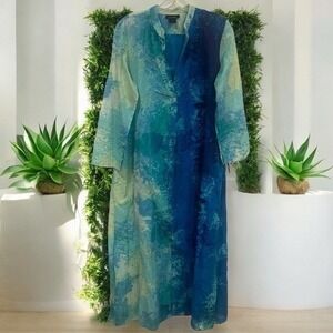 Natori Elegant Sheer Blue and Green Watercolor Women's Maxi Dress Size XS